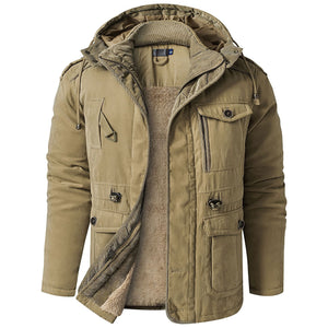 Brown winter jacket with multiple pockets and a hood on a white background